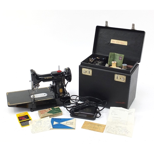 181 - Vintage Singer black enamel sewing machine with case and accessories, model 222K