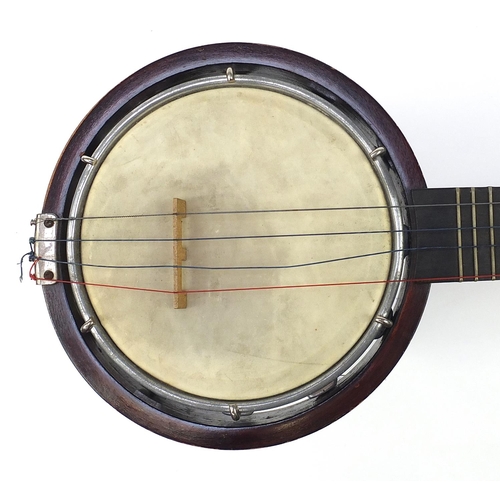 412 - Keech banjulele banjo numbered A12611, with case, 54cm in length