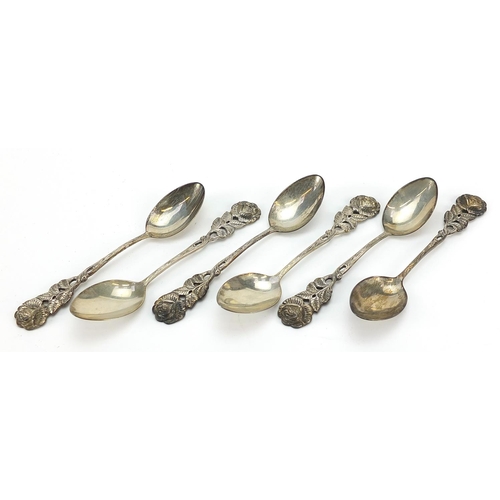 2214 - Set of six German Antiko 800 silver rose teaspoons housed in a fitted box, 10.5cm in length, 58.5g