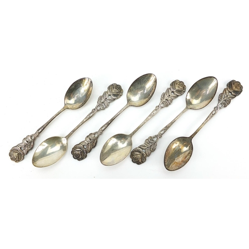 2214 - Set of six German Antiko 800 silver rose teaspoons housed in a fitted box, 10.5cm in length, 58.5g