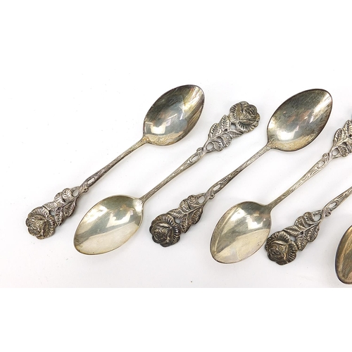 2214 - Set of six German Antiko 800 silver rose teaspoons housed in a fitted box, 10.5cm in length, 58.5g