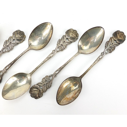 2214 - Set of six German Antiko 800 silver rose teaspoons housed in a fitted box, 10.5cm in length, 58.5g