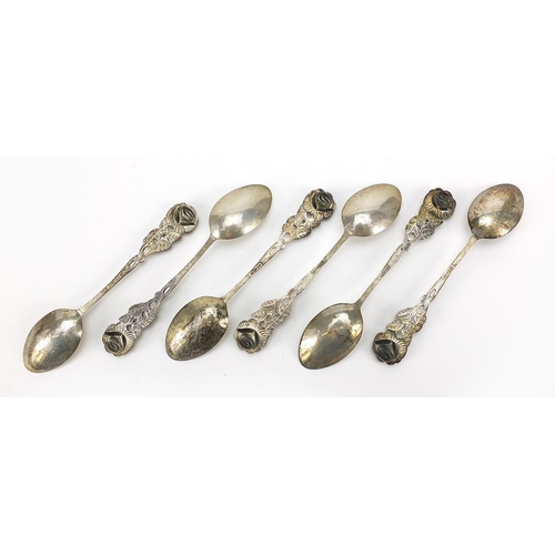 2214 - Set of six German Antiko 800 silver rose teaspoons housed in a fitted box, 10.5cm in length, 58.5g