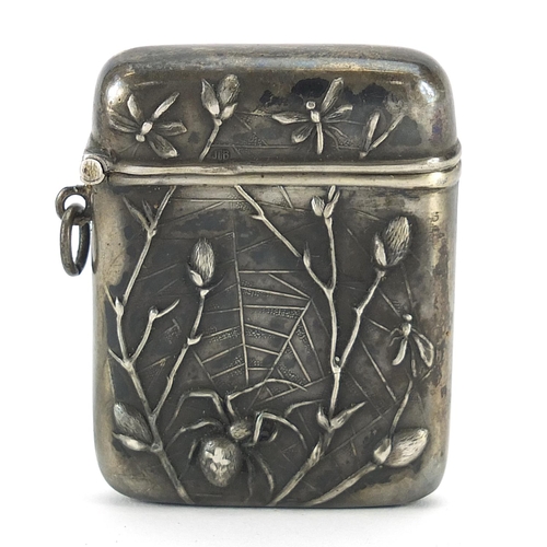 2183 - German silver vesta embossed with a spider and insects in a web, 4.5cm high, 15.0g