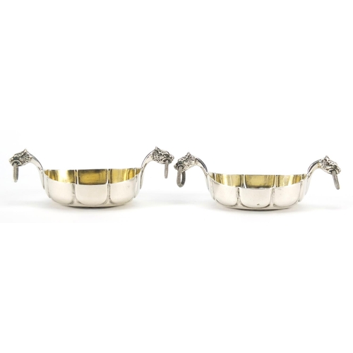 2181 - Marius Hammer, pair of Danish 830S silver open salts with dragon head handles, 7.5cm wide