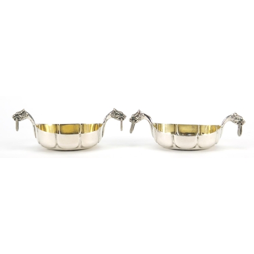 2181 - Marius Hammer, pair of Danish 830S silver open salts with dragon head handles, 7.5cm wide