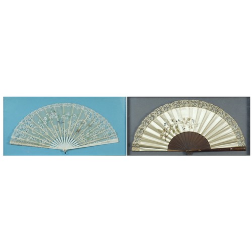 351 - Two Victorian silk fans including an example hand painted with flowers having  bone sticks, each hou... 