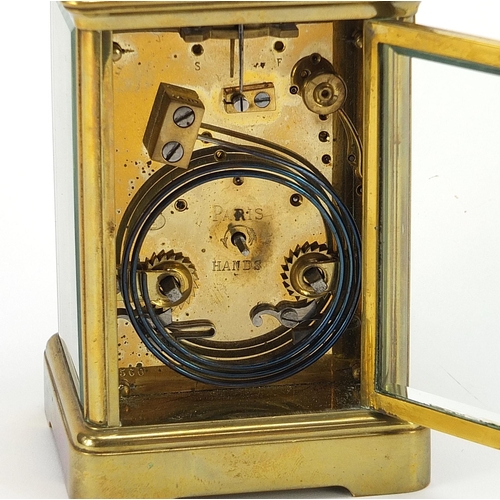 89 - Large French brass cased repeating carriage clock striking on a gong with enamel dial having Roman a... 