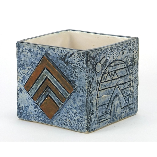 32 - Troika St Ives Pottery marmalade pot hand painted and incised with an abstract design, 8cm high x 9c... 