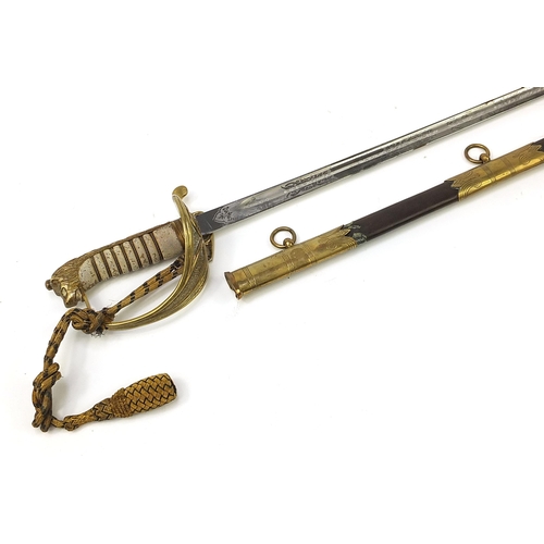 1444 - Naval interest dress sword by Gieves engraved J B Dockree RN with shot measure and medallions, the l... 