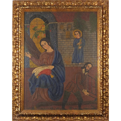 55 - Two angels and a figure sewing before a church, Cusco school oil on canvas, mounted and framed, 84cm... 