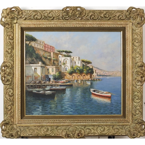 27 - Mario Irace - Moored boats beside villas, Italian oil on canvas, with booklet, mounted and framed, 3... 