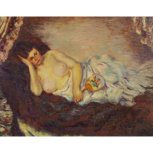 312A - Manner of Henri Martin - Reclining semi nude female with fan, oil on board, mounted and framed, 56cm... 