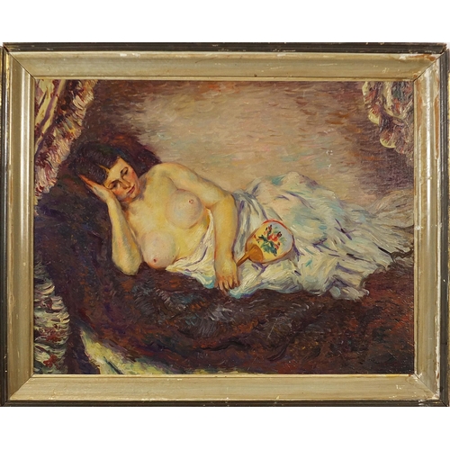 312A - Manner of Henri Martin - Reclining semi nude female with fan, oil on board, mounted and framed, 56cm... 