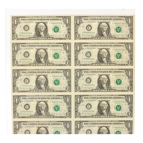 287 - Uncut sheet of sixteen United States of America one dollar bills