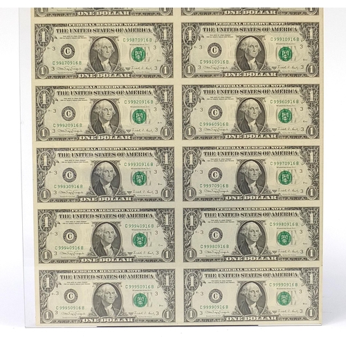 287 - Uncut sheet of sixteen United States of America one dollar bills