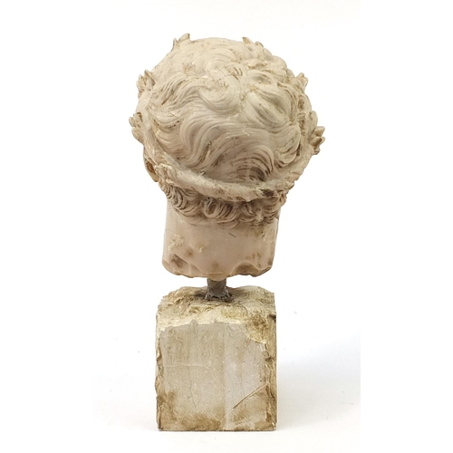 112A - Roman style bust of a man, raised on a stone style base, 51.5cm high