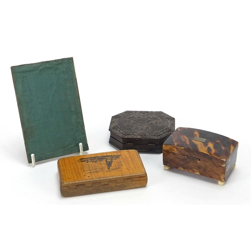 99 - Objects including a tortoiseshell casket with ivory bun feet and a pressed photograph frame housing ... 