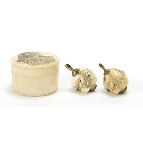 305 - Japanese ivory circular box and cover and a pair of carved mice group buttons, the box 3.5cm in diam... 