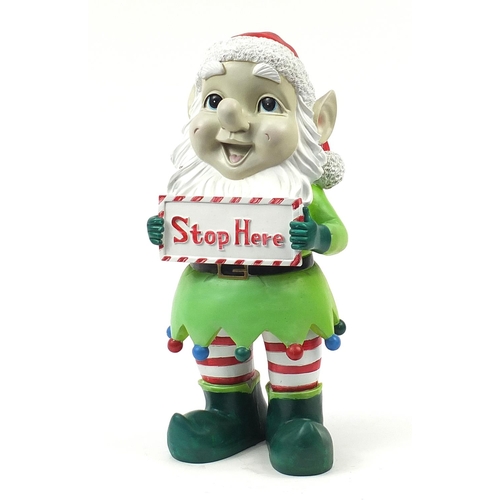 1582 - Large garden gnome ornament with 'stop here' sign, 60cm high