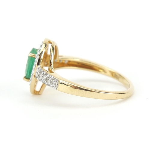 1597 - 18ct gold emerald and diamond teardrop ring, size N, 3.0g