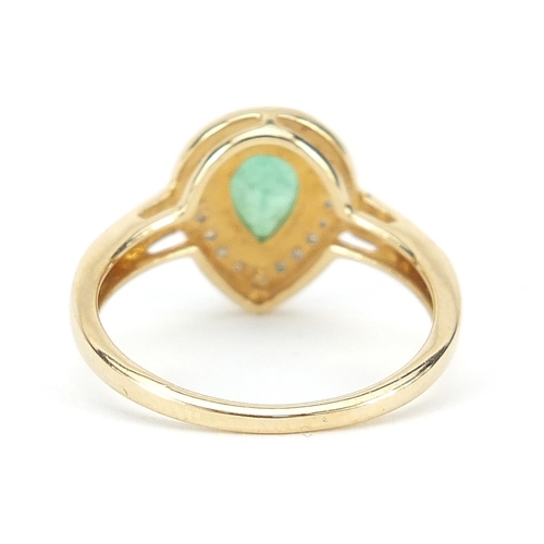 1597 - 18ct gold emerald and diamond teardrop ring, size N, 3.0g