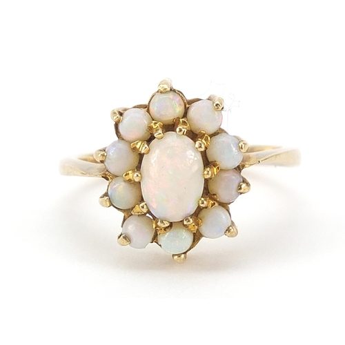 1599 - 9ct gold opal cluster ring, size O, 3.3g