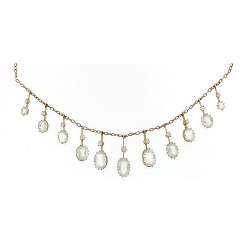 1602 - Antique 9ct gold blue stone and seed pearl necklace, possibly aquamarine, 36cm in length, 6.8g