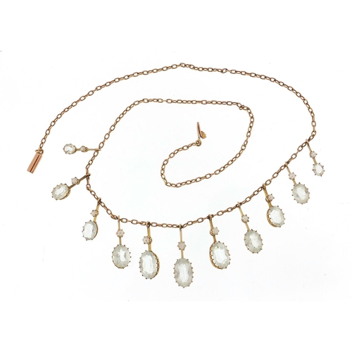 1602 - Antique 9ct gold blue stone and seed pearl necklace, possibly aquamarine, 36cm in length, 6.8g