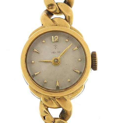 1593 - Tudor, ladies 18ct gold wristwatch with 18ct gold Rolex strap, 16mm in diameter, 18.5g