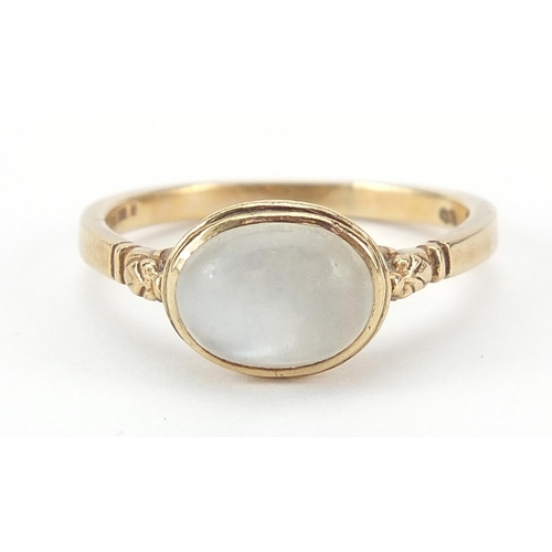 1610 - 9ct gold cabochon moonstone ring, size R, 3.6g