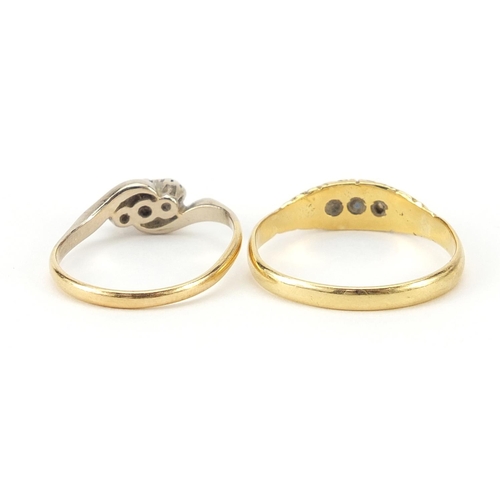1629 - 18ct gold diamond and sapphire ring and 18ct gold diamond crossover ring, sizes L and S, 5.2g