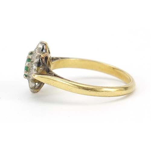 1601 - 18ct gold emerald and diamond cluster ring, size N, 3.9g