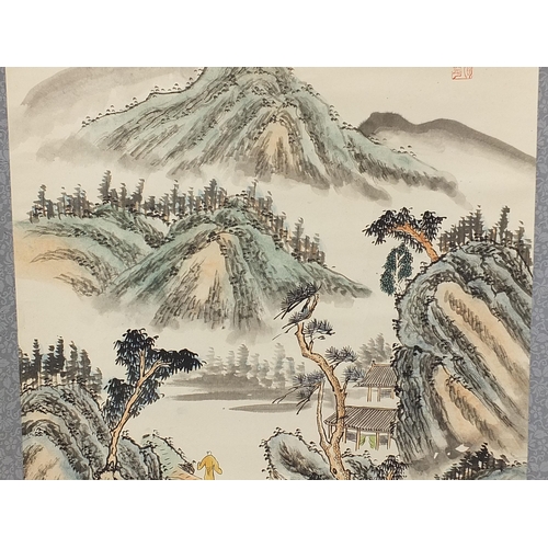 1364 - River landscape with figure and boat, Chinese watercolour wall hanging scroll with character marks a... 