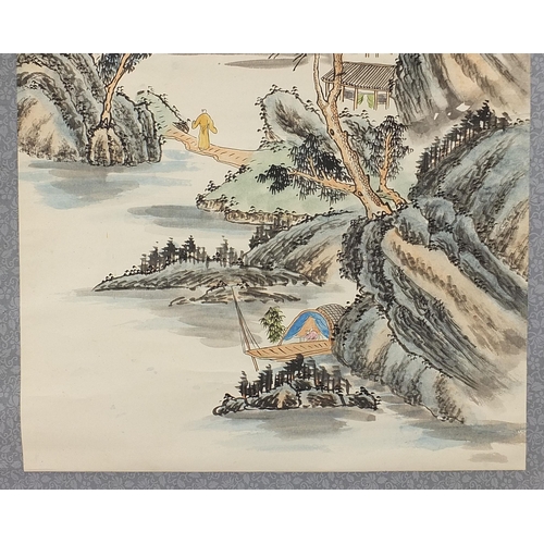 1364 - River landscape with figure and boat, Chinese watercolour wall hanging scroll with character marks a... 