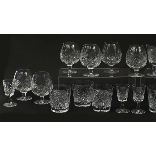 452 - Royal Doulton lead crystal drinking glasses to include six whiskey tumblers and brandy balloons