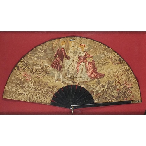 349 - Victorian ebonised tapestry fan depicting three figures in Georgian dress housed in a glazed display... 