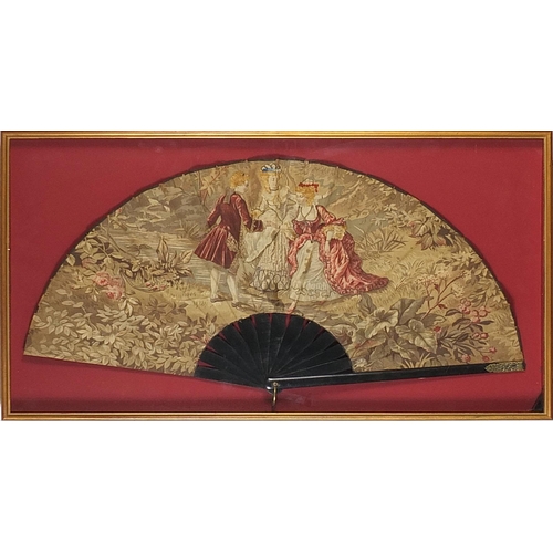 349 - Victorian ebonised tapestry fan depicting three figures in Georgian dress housed in a glazed display... 