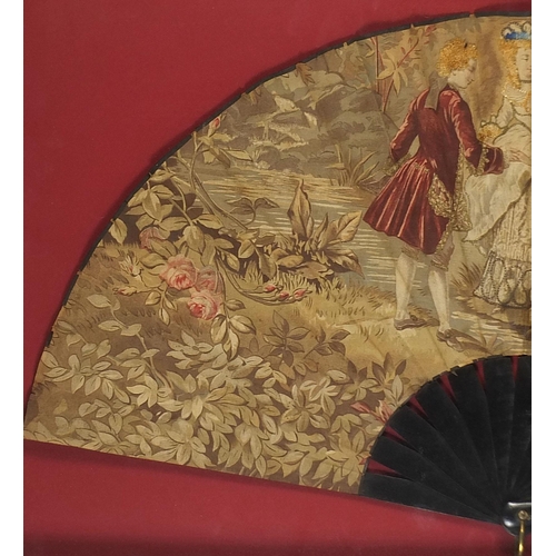 349 - Victorian ebonised tapestry fan depicting three figures in Georgian dress housed in a glazed display... 