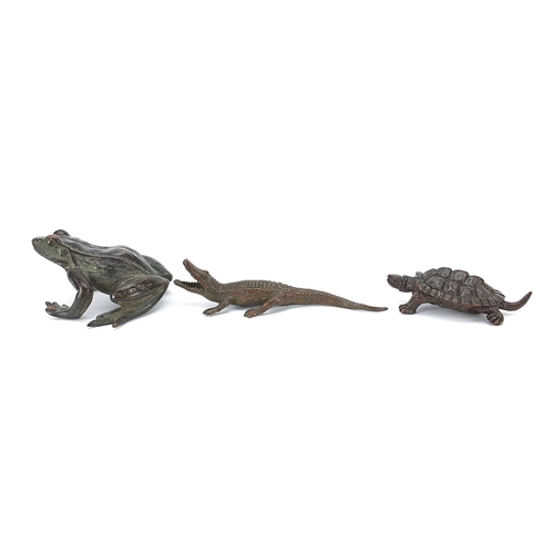 203 - Three Japanese patinated bronze animals comprising frog, tortoise and crocodile, the largest 8.5cm i... 