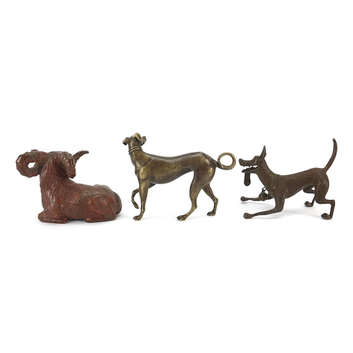 307 - Two Japanese patinated bronze animals comprising goat and dog, together with one other dog, the two ... 