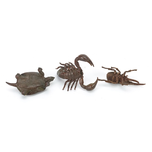 306 - Three Japanese patinated bronze animals comprising scorpion, tortoise and Hercules beetle, each with... 