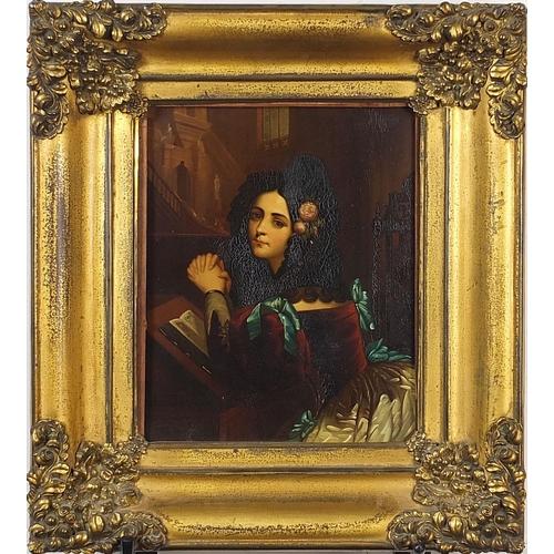 53 - Rosina, young Spanish lady at prayer, antique oil on copper panel housed in an ornate gilt frame, 23... 