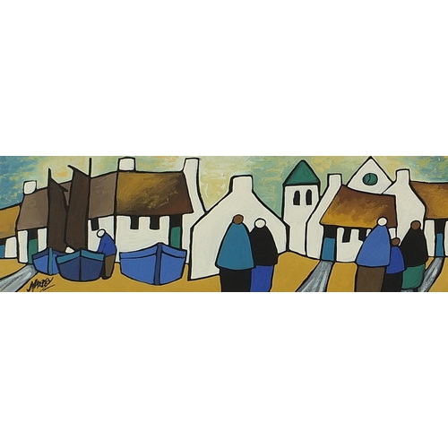 419 - Manner of Markey Robinson - Coastal village scene with figures, Irish school gouache, mounted, frame... 