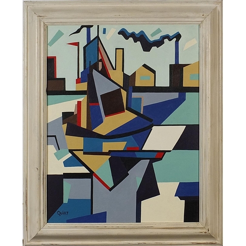 240 - Manner of Walter Quirt - Abstract composition, boatyard, American school oil on canvas board, mounte... 