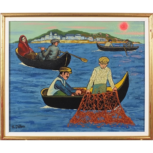 56A - Manner of Gerard Dillon - Fishermen in boats, Irish school oil on canvas board, mounted and framed, ... 