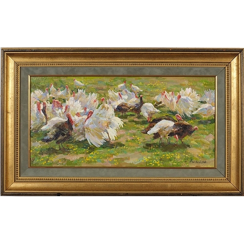 143 - Marina Davidova - Turkeys, signed oil on canvas, inscribed verso, mounted and framed, 49cm x 24cm ex... 