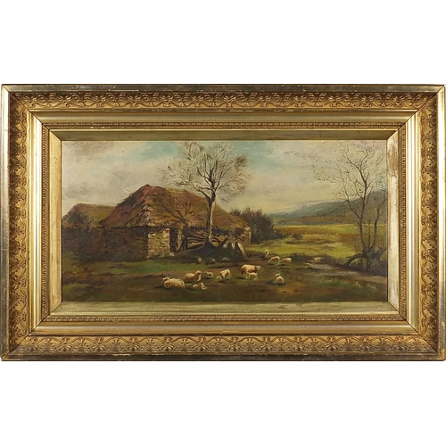 30 - Sheep before a cottage and landscape, oil on canvas, mounted and framed, 59.5cm x 29.5cm excluding t... 