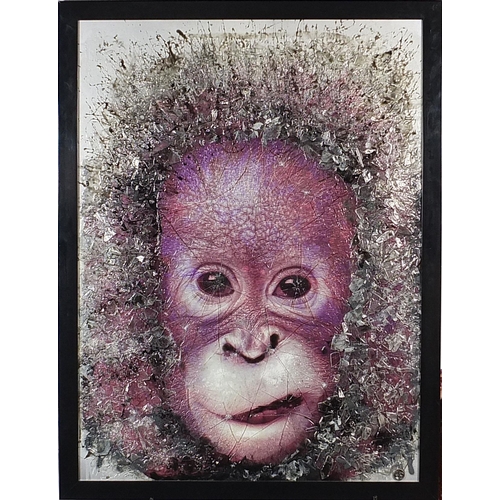 241 - Dan Pearce - Young orangutan, smashed glass and spray paint, framed, 99cm x 73cm excluding the frame