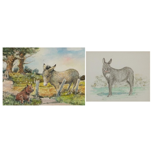 356 - Donkeys, two ink and watercolours, one signed Battram, mounted, framed and glazed, the largest 33.5c... 